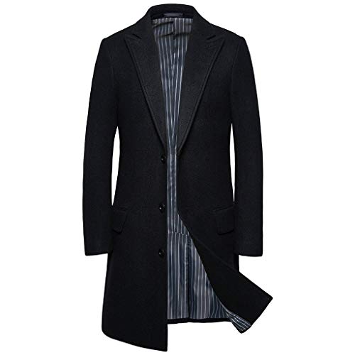 Dainzuy Men's Wool Trench Coat Winter Long Jacket Single Breasted Slim Fit Warm Overcoat Business Pea Coat Topcoat Black