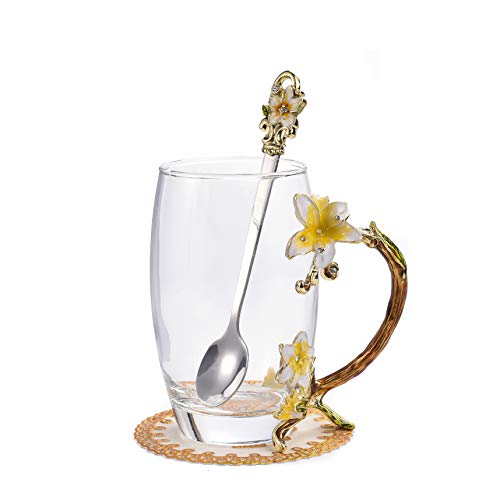 SUQ I OME Lily Flower Tea Cup Enamel Glass Coffee Mug Handmade Unique Valentine Gift for Women Ideal for Valentines Wedding Anniversary Birthday - 12OZ Yellow