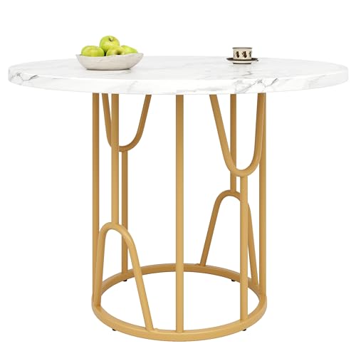 Moimhear (80 x 80 x 76 cm). Mesa redonda ligera y lujosa que puede alojar de 4 a 6 personas, adecuada para comedor y sala de estar, tablero de mármol de fibra de densidad media, patas doradas