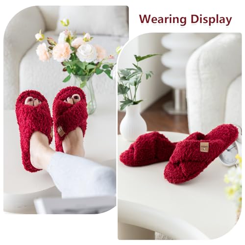Image of GOEWY Fuzzy Open Toe Slippers for Women Cozy Memory Foam House Shoes Indoor | Cute Cross Band,Soft Faux Fur,Anti-slip Sole Outdoor,Machine-washable,Lightweight,Slip on Gifts for Women,Mom and Bridesmaid