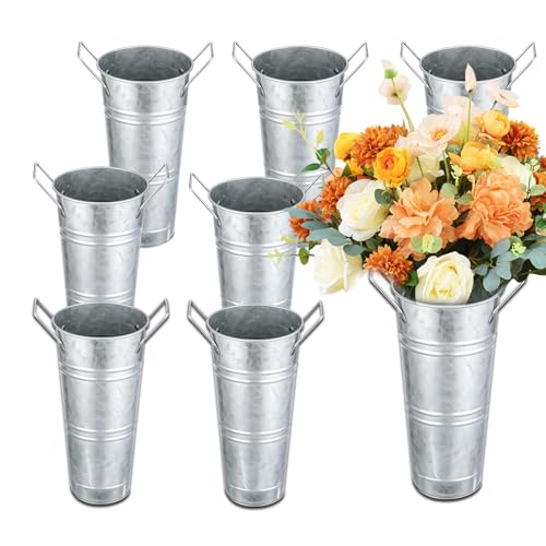 FGGHFT 10 Inch Galvanized Metal Flower Buckets 8 Pack French Country Style Decor Planter Rustic Vintage Tin Vase with Handle Farmhouse Style Floral Container Wedding Table