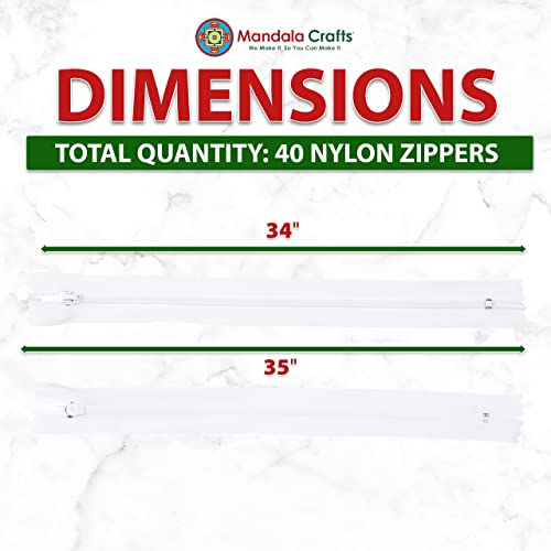 Image of Mandala Crafts 40 PCs White Closed-End 34 Inch Nylon Zippers for Sewing