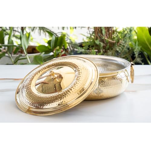 Image of INDIAN ART VILLA Brass Degchi with Hammered Design & Tin Lining, Traditional Cookware for Slow Cooking, Serving Curries, Biryanis, and Festive Meals, 4000 ML