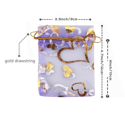 Image of QIANHAILIZZ 100 pcs 3.5 x 4.7 Inch Flower Heart Organza Jewelry Gift Pouch Candy Pouch Drawstring Wedding Favor Bags X92 (lilac gold heart)
