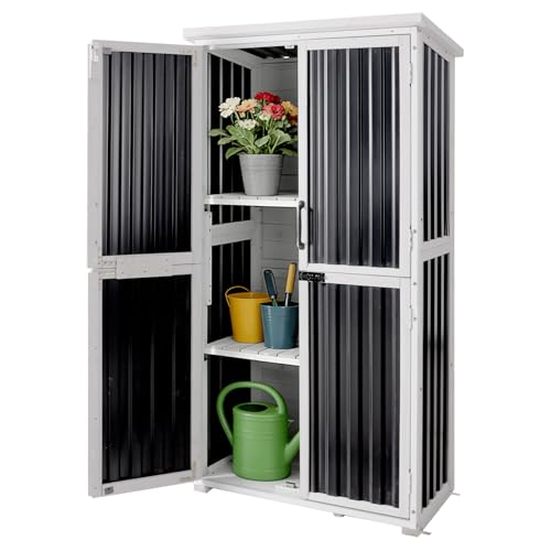 Aivituvin Outdoor Storage Shed with Wood and Metal Frame, Garden Sheds with Waterproof Plastic Roof, Adjustable Shelves and Ventilated Blinds, Garden Tool Cabinets for Outdoor (Black, Plastic)