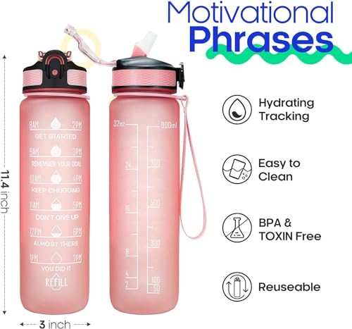 Image of TEKCOOL Motivational 1L Capacity Pink Plastic Bottle with Straw | Leakproof, Durable, BPA-Free | Ideal for School /College /Office /Travel, Sports /Outdoor Activities'