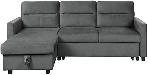 Miniatura 10 de BOWERY HILL Sofá cama reversible de terciopelo gris claro con diván de almacenamiento