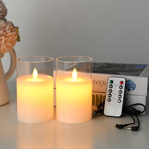 Lonkenn 2er-Pack Wiederaufladbare LED-Kerzen, Flammenlose Kerzen Kerzenlicht mit Fernbedienung, Flackern Kerzen, Batteriebetriebene Stumpenkerzen in Glas, 10 cm in Weiß (Ladekabel Inklusive)