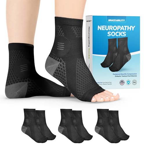 BraceAbility Neuropathy Socks (3 Pairs) - Multipack Peripheral Compression Diabetic Toeless Foot Sleeves for Nerve Damage in Feet, Ankle Gout, Plantar Fasciitis Relief for Men and Women (L - Black)