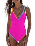 popvil Women's Tummy Control Swimsuits One Piece Neon Color Block Swimwear Deep V Neck Slimming Bathing Suit