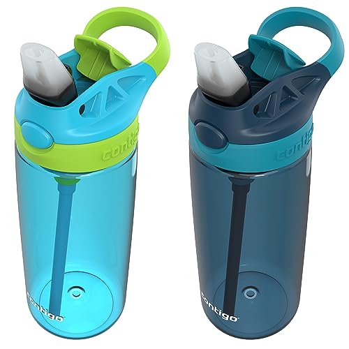 Image of Contigo Kids 20oz 2-Pack Aubrey Water Bottles with Cleanable Silicone Straw Spill-Proof Lid Dishwasher Safe Blue Raspberry /Cool Lime & Blueberry /Juniper BPA-free
