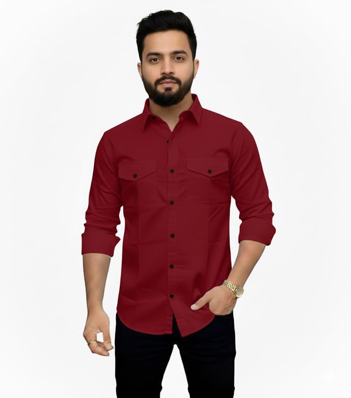 Image of DEELMO Men's Classic Cotton Blend Slim Fit Shirt || Full Sleeve Button-Down Casual Shirt with Dual Flap Pockets || Soft Breathable Fabric || Ideal for Office Party and Everyday Wear