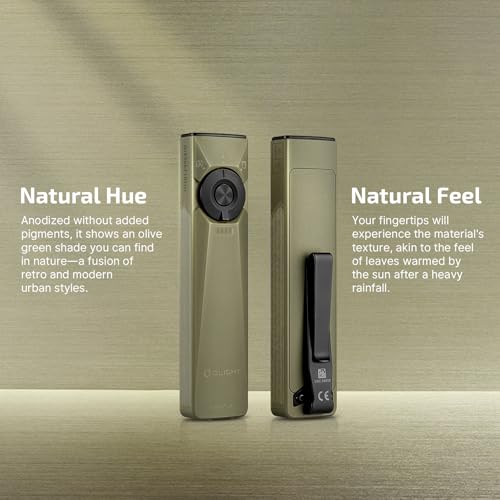 OLIGHT Arkfeld Ultra 1400 Lumens EDC Flat Flashlight, Rechargeable Compact Pocket Flash Light Combines White LED, UV and Green Beam, Triple Sources Perfect for Checking, Working (Olive-Green)