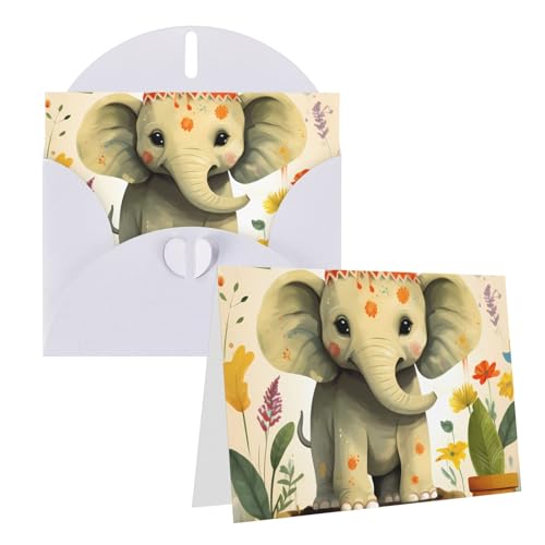 漫画象 植物 絵画 空白のグリーティングカード 封筒付き 4インチ x 6インチ サンキューカード ノートカード あらゆる機会カード ホワイト クリスマス ホリデー 誕生日 卒業 記念日用