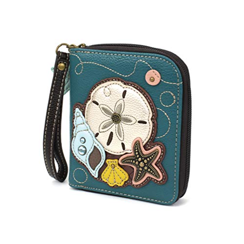 Image of CHALA Zip Around Wallet, Wristlet, 8 Credit Card Slots, Sturdy Pu Leather - Sand Dollar - Turquoise