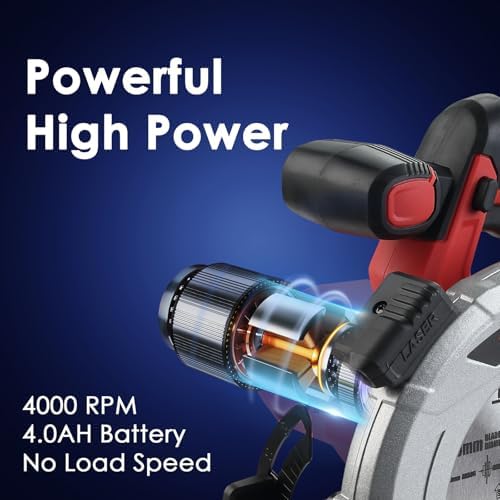 Bild 5 - TEENO akku handkreissäge 4000 U/min mit elektronischer Bremse, 2X2,0 AH Batterien, 2X165mm Sägeblätter, einstellbare Schnitttiefe und Winkel bis 38mm (45°), 54mm (90°).