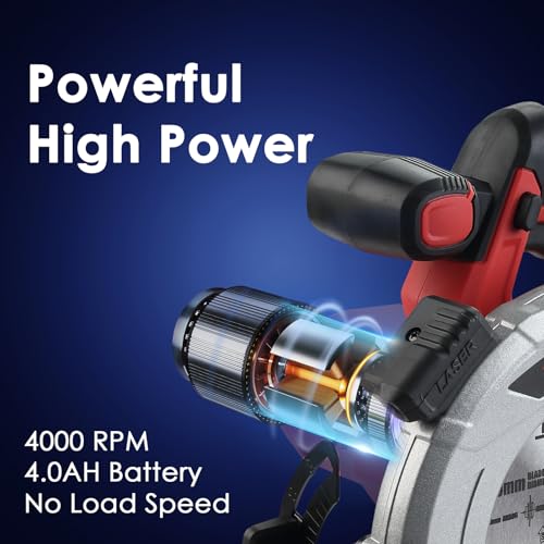 Image of TEENO Cordless laser circular saw 4000 RPM with electric brake, 2X2.0 AH batteries, 2X165mm blades, adjustable depth and cutting angle up to 38mm (45), 54mm (90).