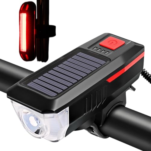 Solar Powered Bike Light, 3 Modes LED Headlight & Waterproof Bell, USB Rechargeable, Perfect for Road and Mountain Bikes (Red)