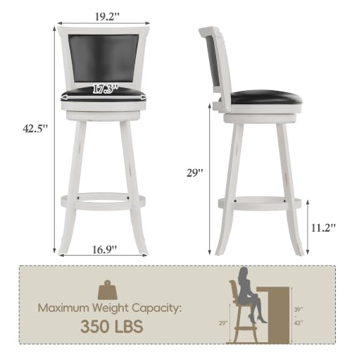 Butacos giratorios de barra, juego de 2 unidades, altura 29 pulgadas, asiento tapizado y reposapiés, sillas para isla de cocina y pub (blanco antiguo, juego de 2) miniatura 2