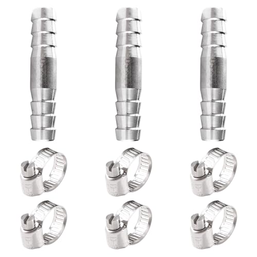 Lyeteung 3 Piezas 10mm Racores de Manguera Rectos, Conectores de Manguera de Acero Inoxidable, Conectores de 2 Vías de Acero Inoxidable 304, con 6 Piezas Abrazaderas, para Aire, Gas, Agua