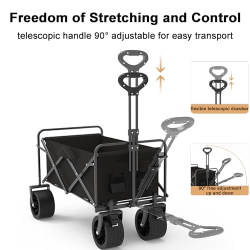 Carrello pieghevole da campeggio, resistente con capacità di carico di 150 kg, manico regolabile, ruote fuoristrada e freno per spiaggia, giardino, picnic e shopping