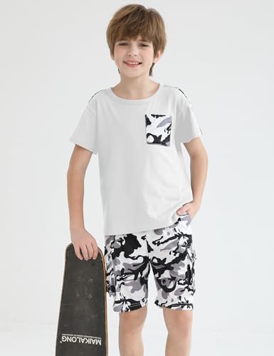 Image of mksodopy Boys Summer Outfit Set 2 Piece T Shirt and Camo Shorts Casual Clothes for Little Big Boys 5-16