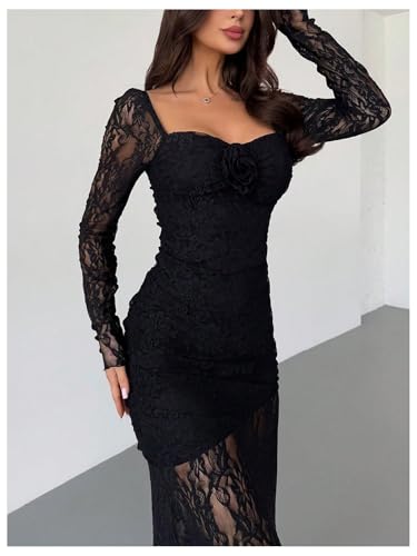 GORGLITTER Women's Lace Flower Bodycon Maxi Dresses Elegant Classy Long Sleeve See Through Cocktail Birthday Goth Dress4