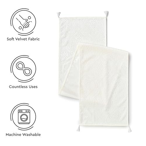 Image of Encasa XO 8 Seater Dining Embossed Velvet Table Runner | Size 32x240 cm | Cream Color with Premium Polyester - Machine Washable