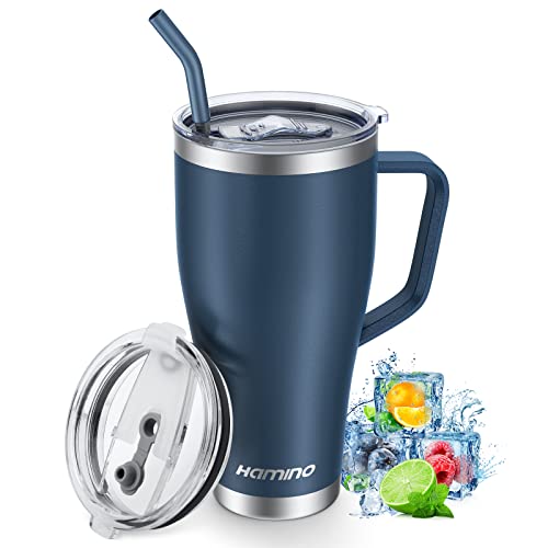 Hamino 30 Oz Tumbler With Handle, Double Wall Vacuum Insulated Tumblers With Spillproof 2 Lids Straw—Keep Drinks Cold & Hot—Stainless Steel Travel Coffee Mug For Hot Iced Coffee Tea Beer(Navy Blue) #TOP2