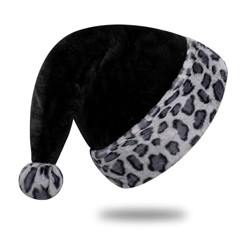 AUAWMLK Leopard Print Furry Santa Hat with Soft Fabric and Plush Brim Personalized Adults Party Hat Style for Christmas,Halloween, New Year's (Black)