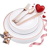WDF-125 Piece Rose Gold Plastic Silverware Set&Disposable Plastic Plates- Premium Heavyweight Plastic Place Setting include 25 Dinner Plates,25 Salad Plates,25 Forks, 25 Knives, 25 Spoons (Rose Gold)
