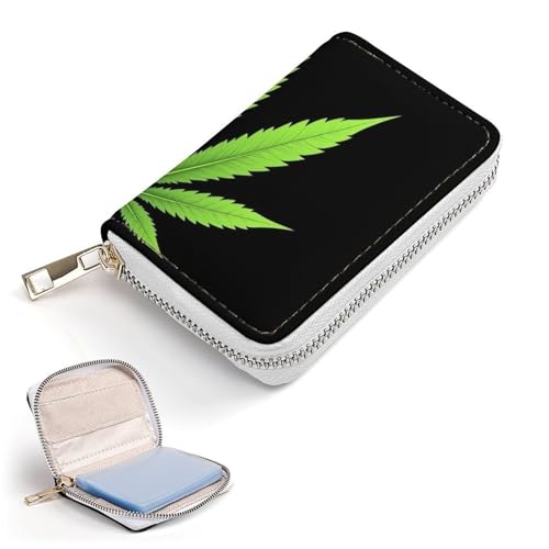 Women's Portable Card Holder Wallet, Pu Leather Credit Card Organizer Bag with 20 Slots Just Smoke Green Weed Leaf Leaves Black Zipper Slim Coin Purse2