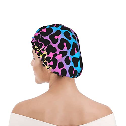 Leopard Print Cheetah Animal Skin Shower Cap For Women Reusable Double Layers Waterproof Shower Hair Protector Peva Lined Shower Hat For All Long Hair Lengths, Stretchy Adjustable Neon Shower Caps #TOP7