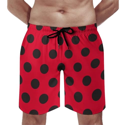 Hawaiian Shorts for Men - Comfy Ladybug Black Dotted Spots Red Print Mens Swim Trunks Bathing Suits with Mesh Lining