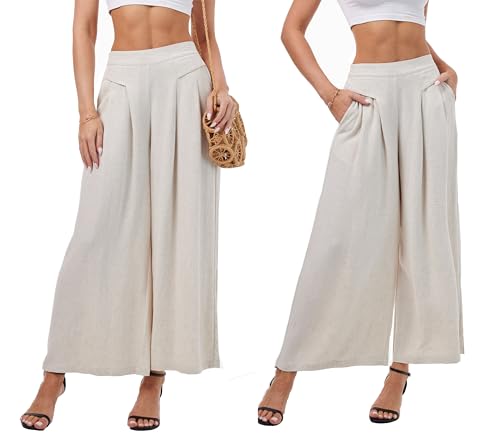 Fakanhui Women's Linen Crop Pants Plicated Capris Culottes Wide Leg Palazzo Pants Summer Casual Cotton Linen Pants3