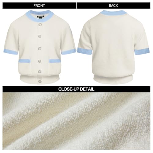 Image of URBAN REVIVO Women's Short Sleeve Sweater Summer Crew Neck Cropped Color Block Tops Casual Knit Shirts with Pockets