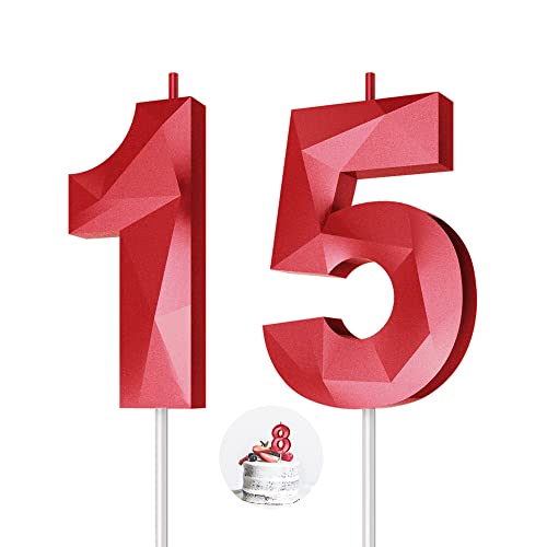Number Birthday Candles(15 Candle Red) 3D Diamond Shape Number Happy Birthday Cake Candles for Birthday Party Wedding Decoration Reunions Theme Party