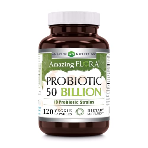 Amazing Flora Probiotic 50 Billion with 10 Best Probiotics Strains Including Acidophilus, plantarum, rhamnosus etc * Supports Digestive & Immune Health * Veggie Capsules (120 Count)
