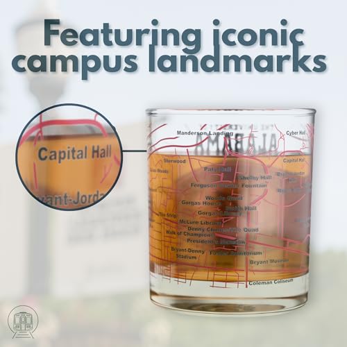Image of Greenline Goods - University of Alabama Crimson Tide College Whiskey Glasses (Set of 2), 10 oz - Full-Color Logo + Campus Map