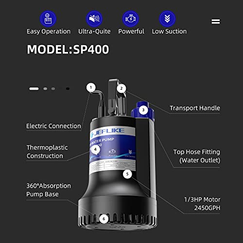 Jeflike 1/3Hp Sump Pump Submersible Water Pump Pond Pump 2450Gph For Pool Draining Portable Utility Pump Garden Basement Flood Drain Sub Pump With Universal Hose Adapter #TOP2