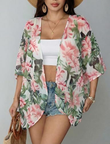 Image of Chunoy Women Floral Beach Wear Cover Up Chiffon Kimono Cardigan Open Front Blouse Top