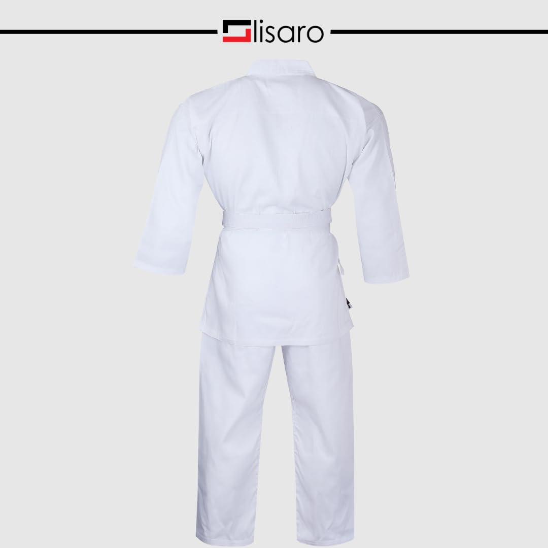 Lisaro Strój do karate biały dla dzieci i dorosłych – strój do sportów walki Karate Gi w zestawie spodnie z gumowym ściągaczem i paskiem – oddychający i wytrzymały – do treningu, Dojo, klubu i na