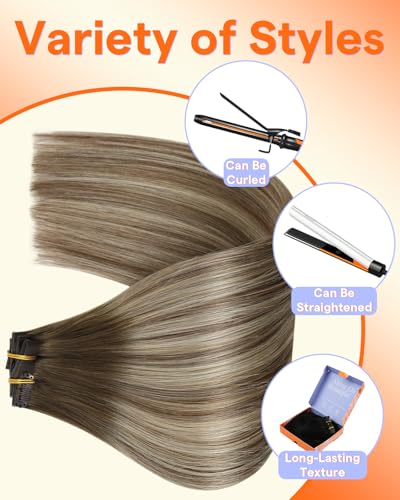 Image of Full Shine Invisible Seamless Clip in Hair Extensions, Balayage Human Hair