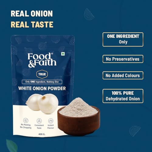 Image of Food & Faith White Onion Powder 400g - Pure Dehydrated Pyaz Powder | Strong Aroma & Instant Flavor | Ready to Use Cooking Seasoning | No Preservatives, Additives or Fillers