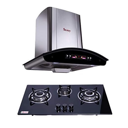 Seavy Kitchen Chimney Combo with Built in Hob, 60cm & 1100m3/hr Suction Chimney with Oil Collector + 3 Burner Italian Hob (Pie DLX 60 - Grey & Black)
