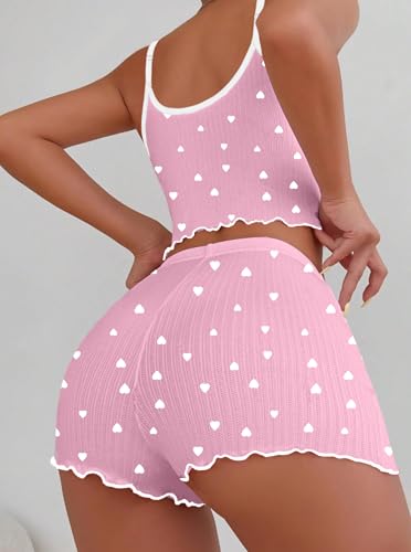 Image of Hilinker Womens Graphic Print Ribbed PJ Set Crop Cami Tops and Shorts Cute Pajamas Set