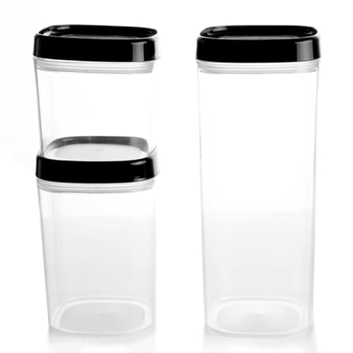 KADAX Récipients à provisions, boîte de rangement transparente en plastique, boîte à provisions hermétique avec couvercle, boîtes verseuses pour farine (set de 3 : 600ml+1000ml+1800ml, noir)