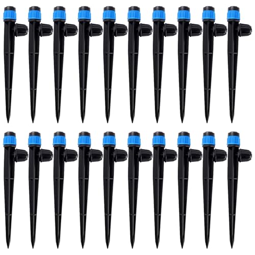 VooGenzek 20 Piezas Gotero de Riego para Tubo 4/7 mm, 360-Grado Aspersore de Riego Ajustables, Cabezas de Riego para Goteo Goteros con Conectore de Púas & Estaca Microtubo Piqueta, Azul