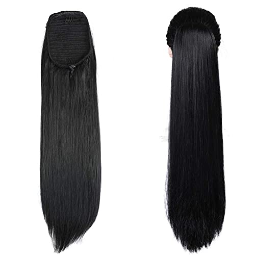 Rosa Star Kinky Straight Drawstring Ponytail Hairpiece Synthetic Long Black Color Yaki Straight 24inch Ponytail Extension for Women (YaKi Straight Ponytail)