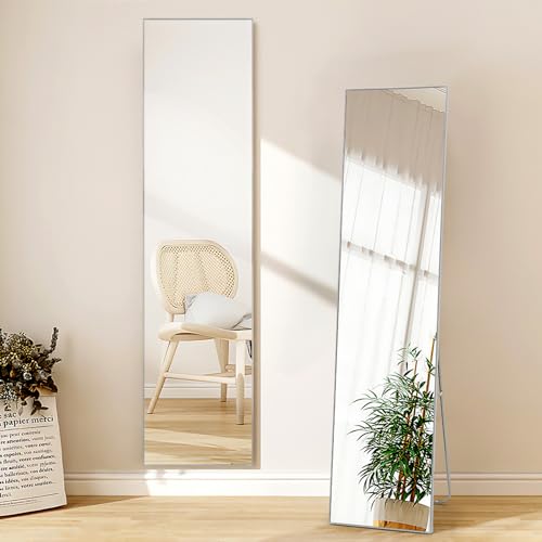 Warmiehomy 40x150cm Mirror Full Length Free Standing Full Length Mirror, Rectangle Large Mirror Hanging or Leaning Long Mirror, Floor Mirror for Bedroom or Living Room, Sliver White